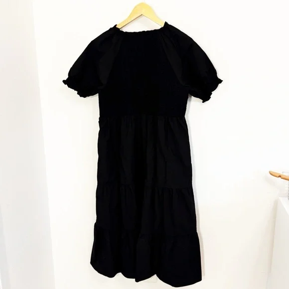 THML Black Smocked Midi Dress VNeck Short Puff Sleeves Size Large - Picture 4 of 7